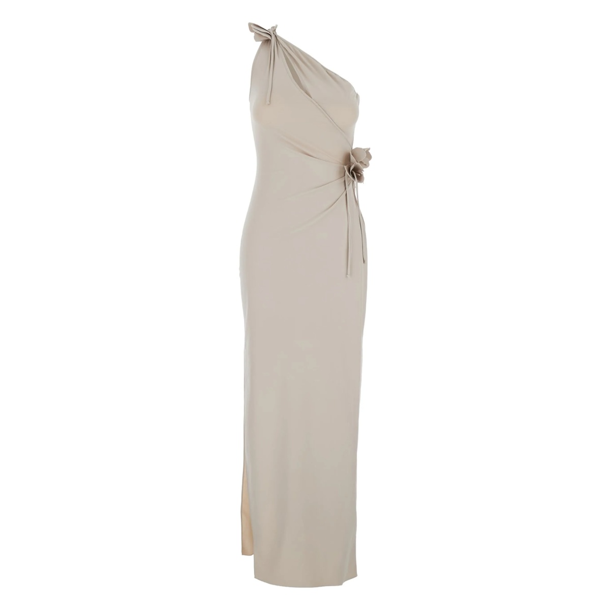 one-shoulder flower-embellished gown