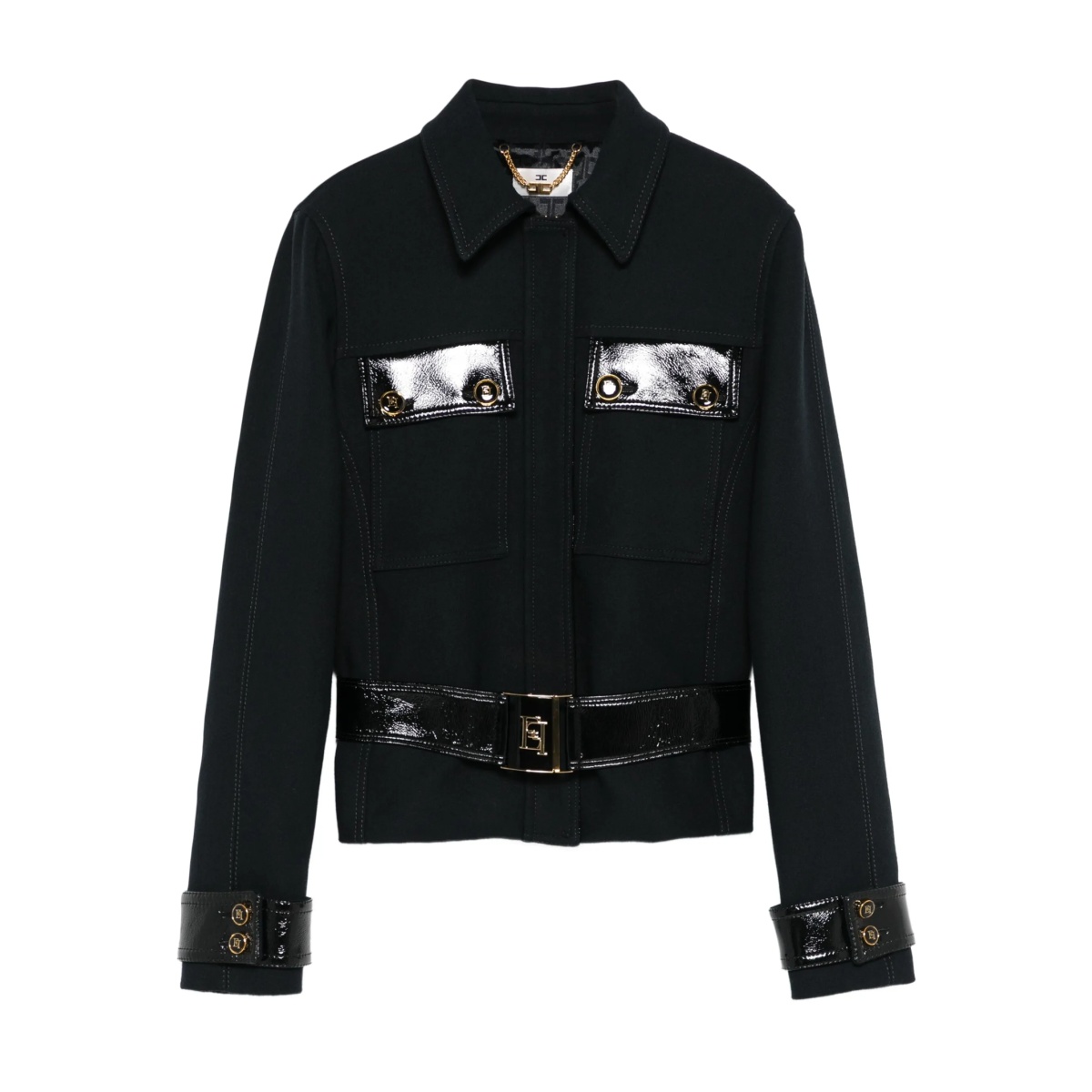 patent-trimmed belted jacket