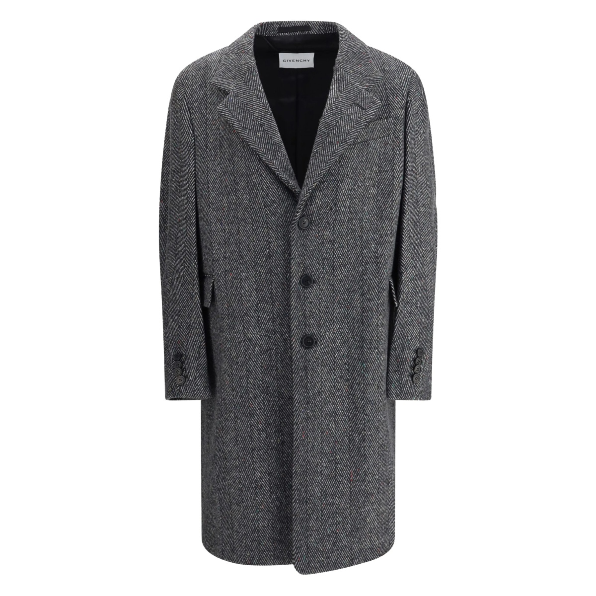 herringbone-pattern notched-lapel coat