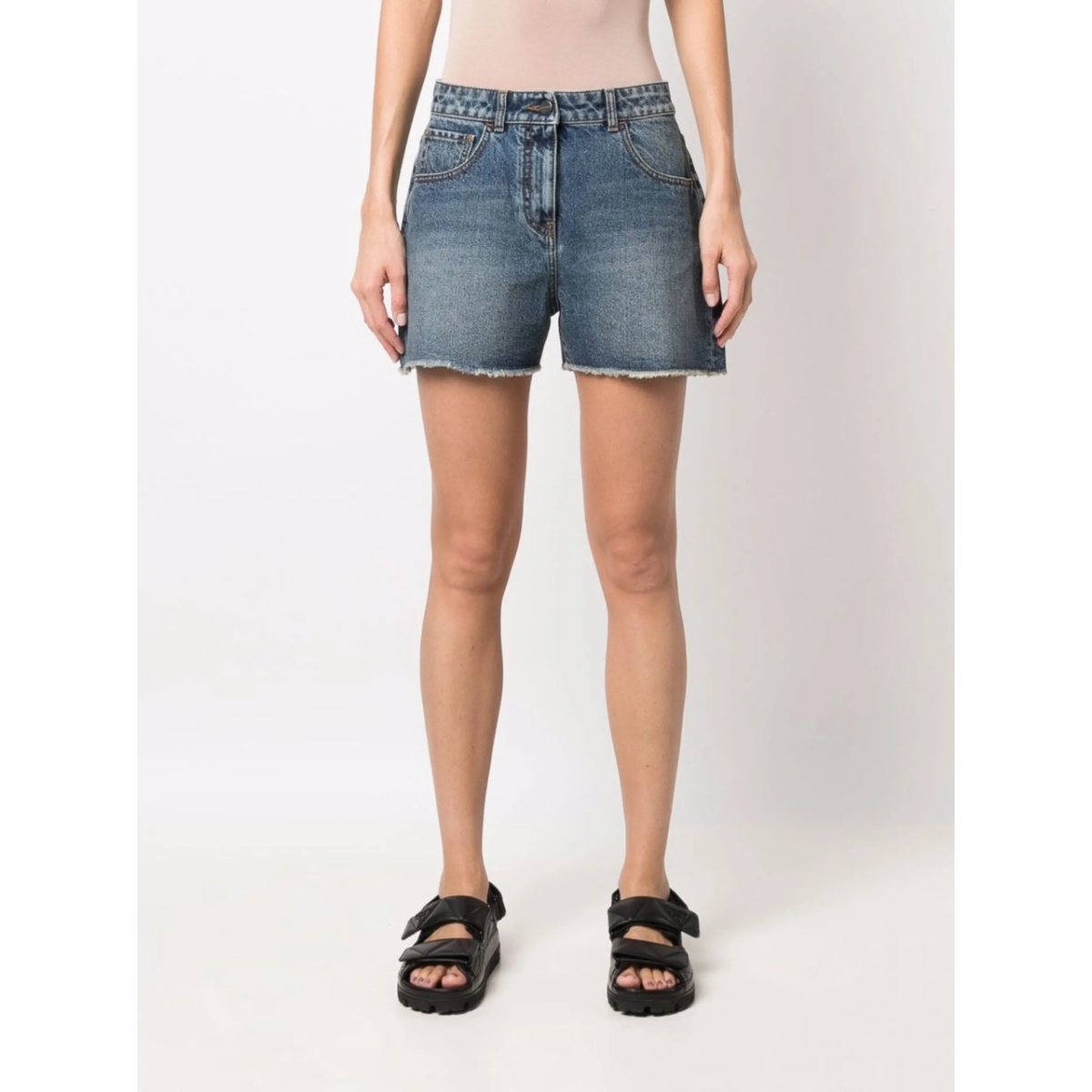palm tree-embroidered frayed denim shorts - Img 3