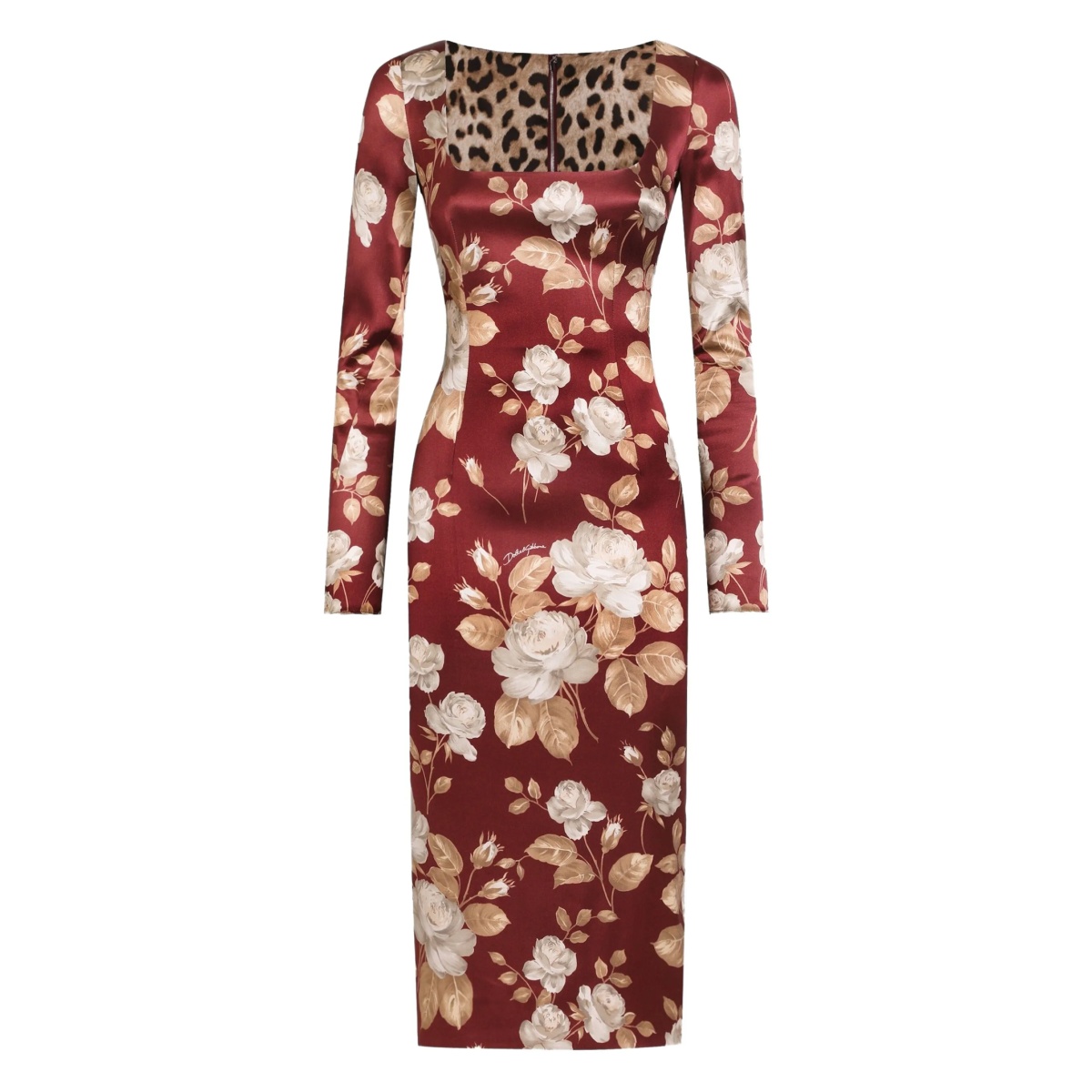 rose-print square-neck midi dress