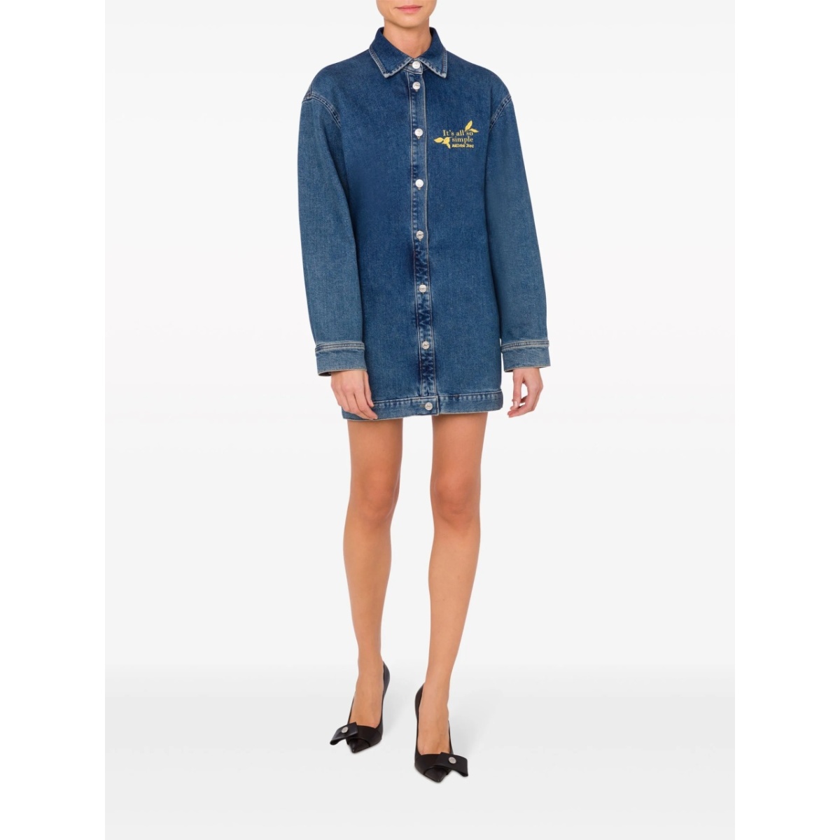 slogan-embroidered denim shirtdress - Img 2