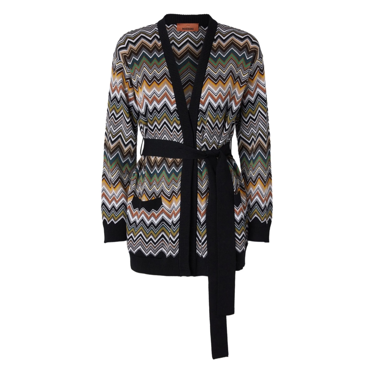 chevron-pattern belted cardigan
