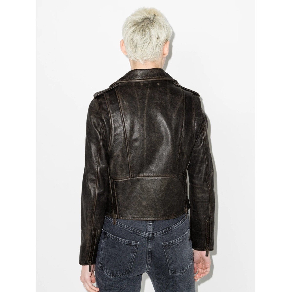 distressed-effect leather biker jacket - Img 3