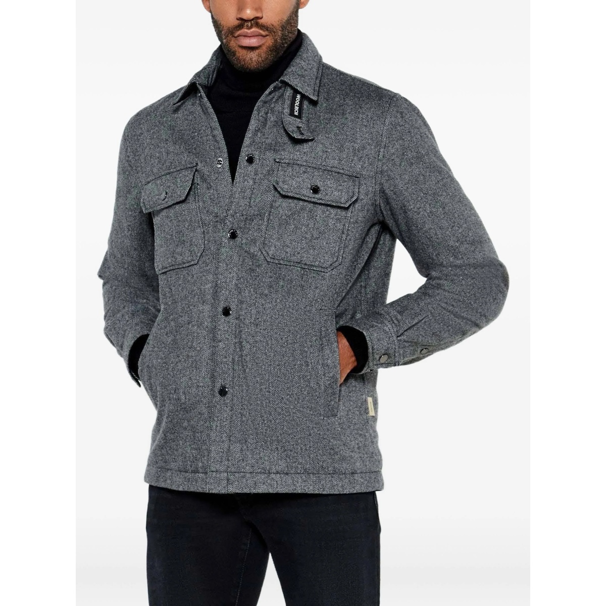 herringbone-pattern flap-pocket shirt jacket