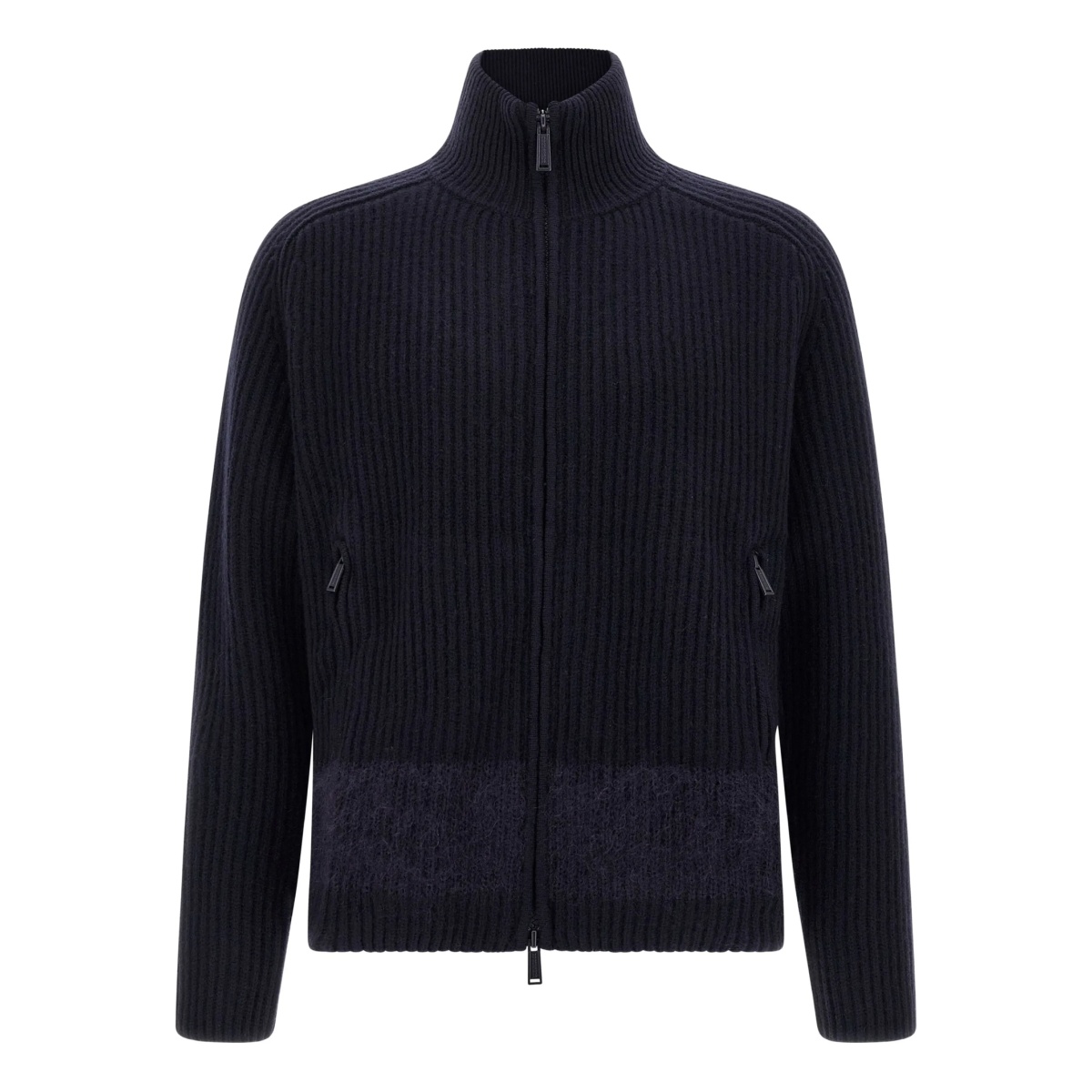 ribbed high-neck zip-front cardigan