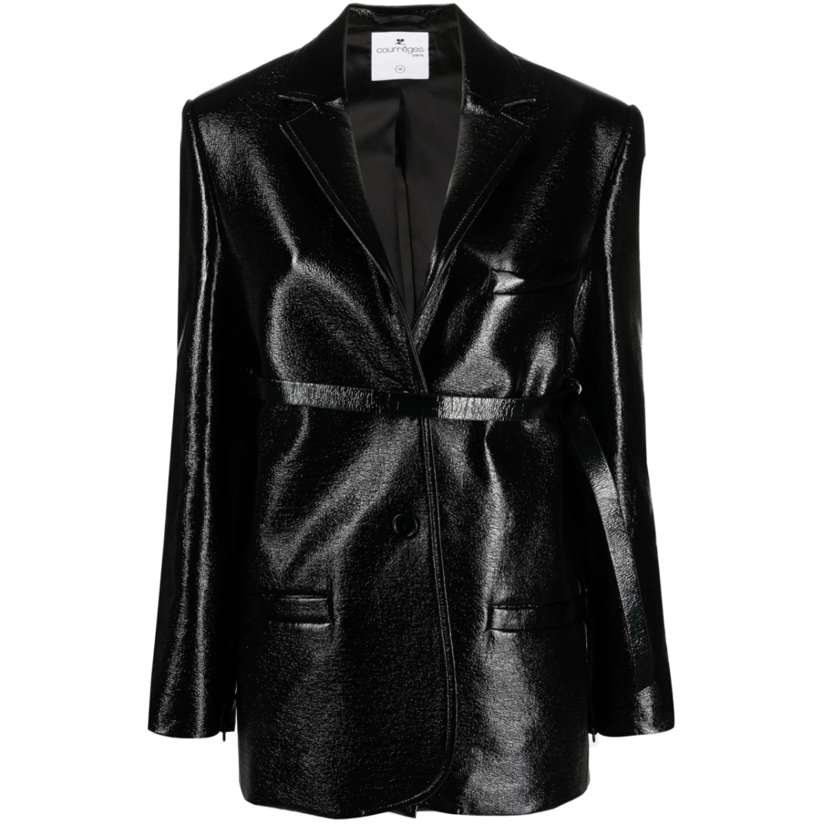 strap-detail patent-finish jacket
