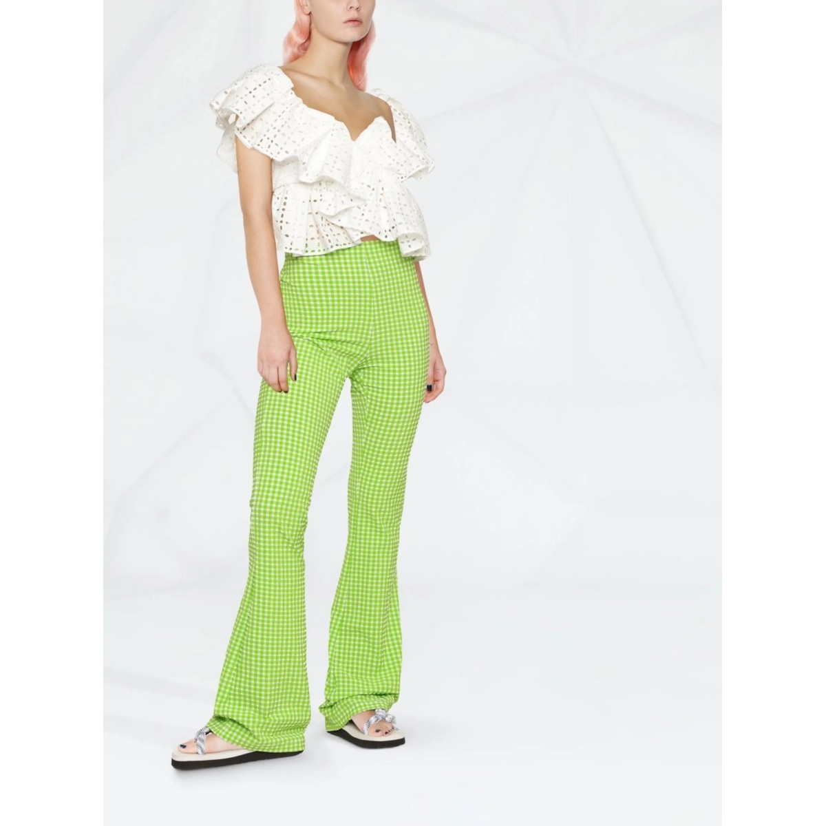 check-pattern flared trousers - Img 3