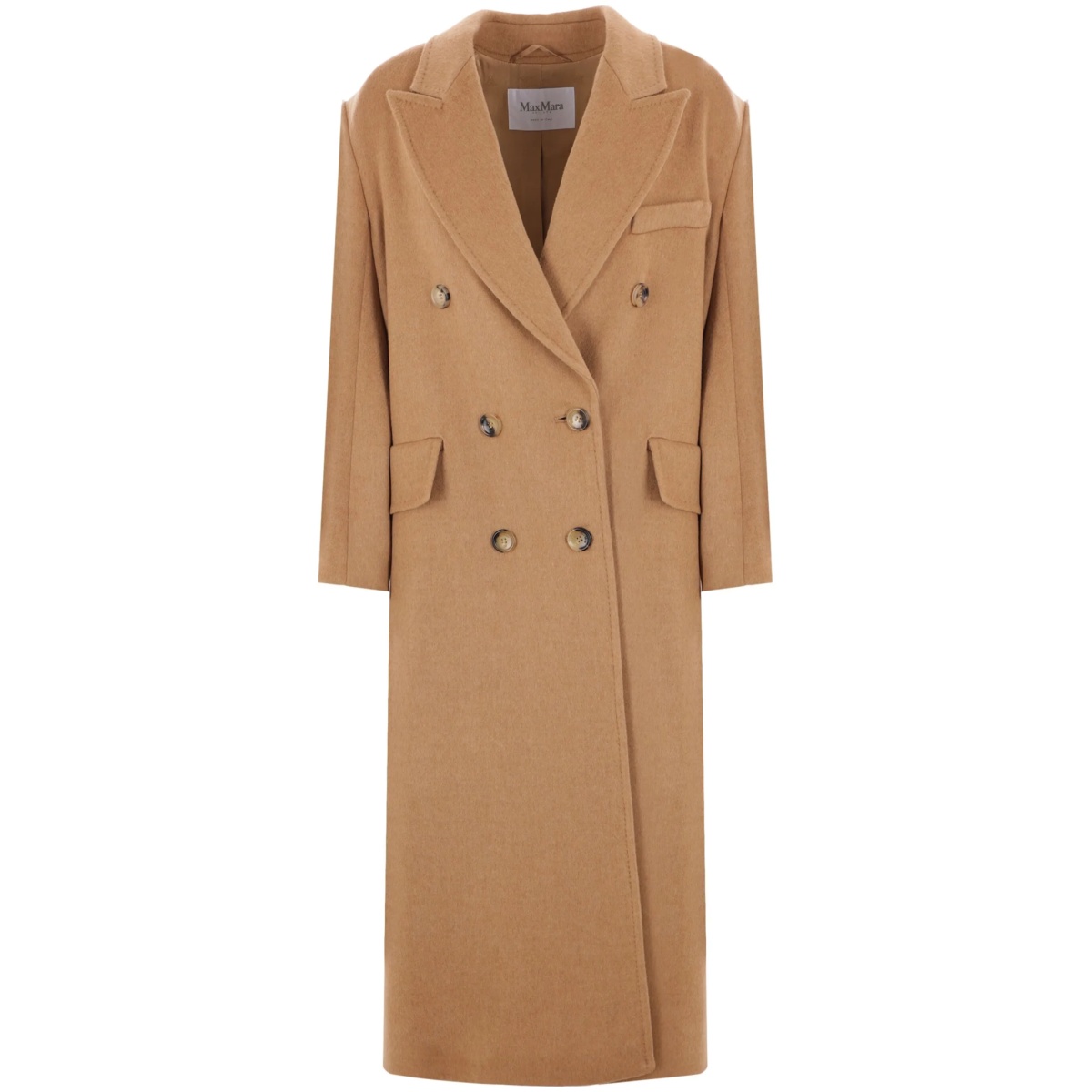 double-breasted camel coat