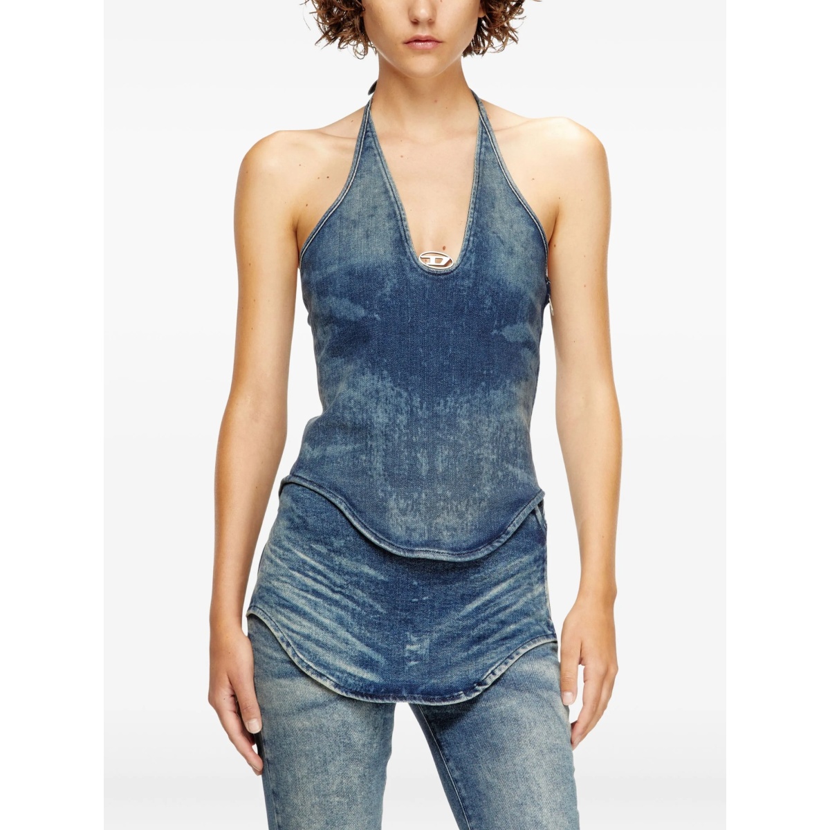 halter-neck denim top