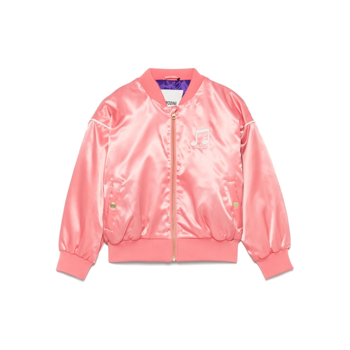 note-embroidered satin bomber jacket