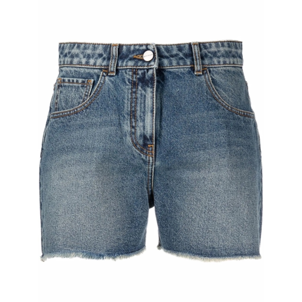 palm tree-embroidered frayed denim shorts