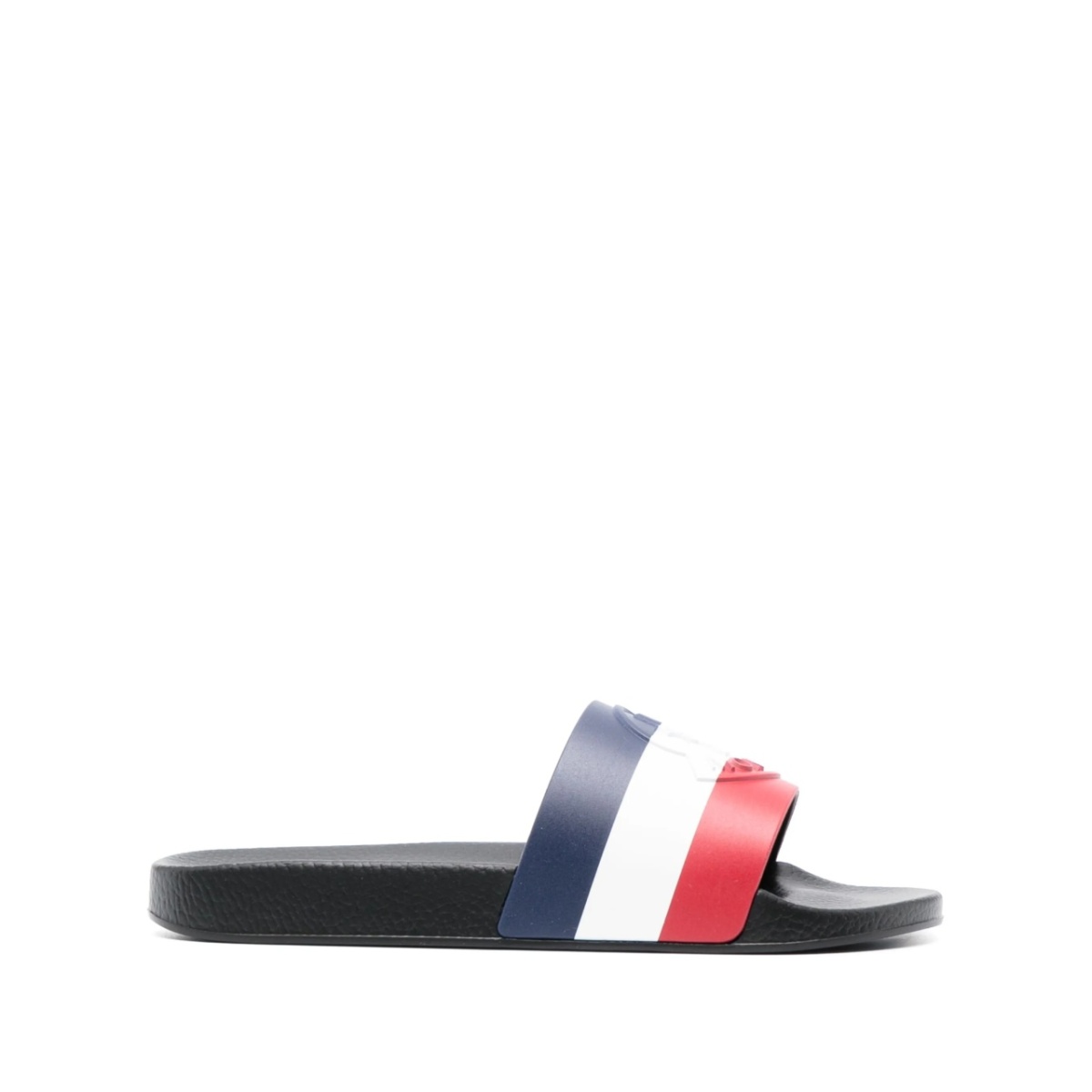 striped logo-embossed slides
