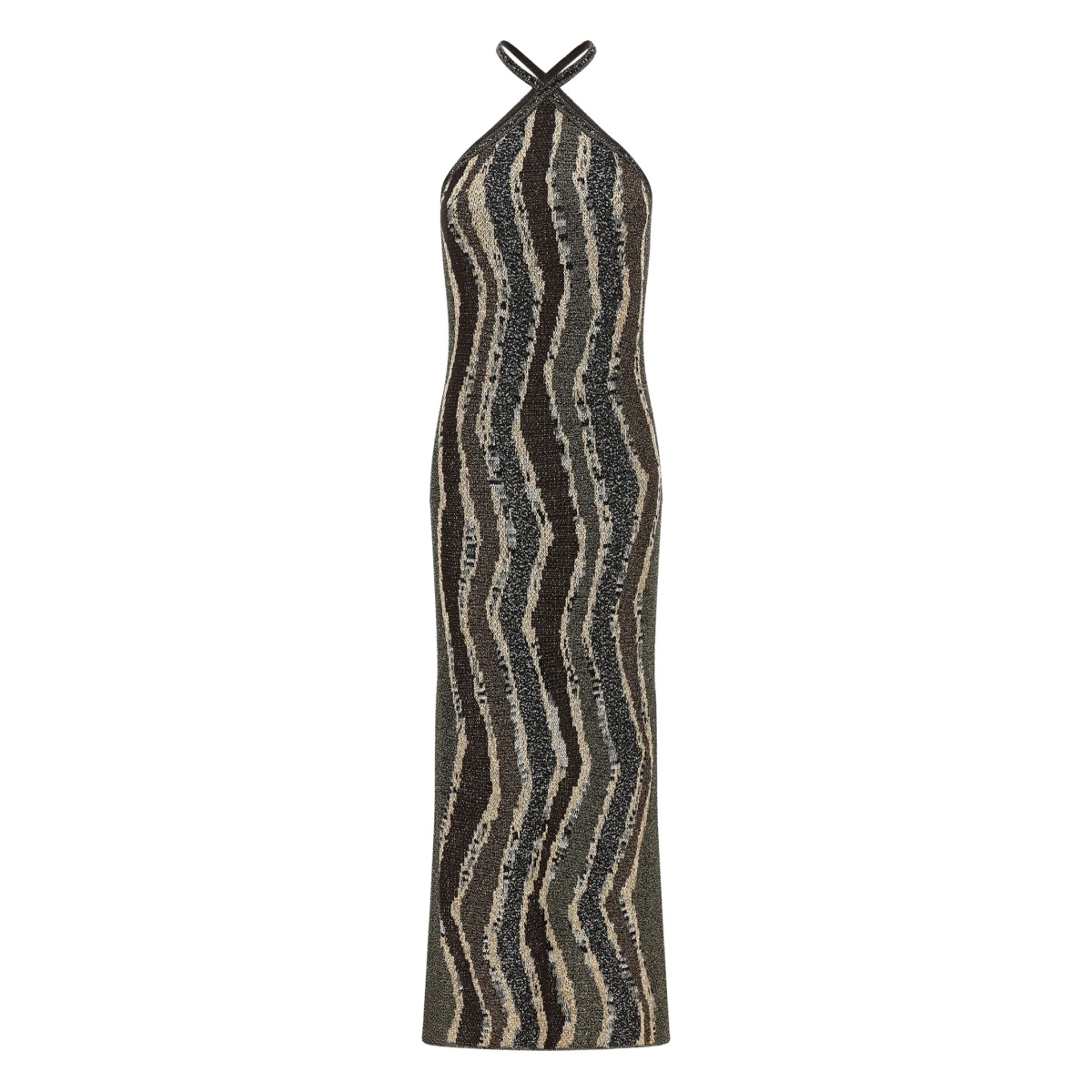 wave-pattern halterneck maxi dress