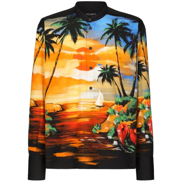 sunset-print collarless shirt