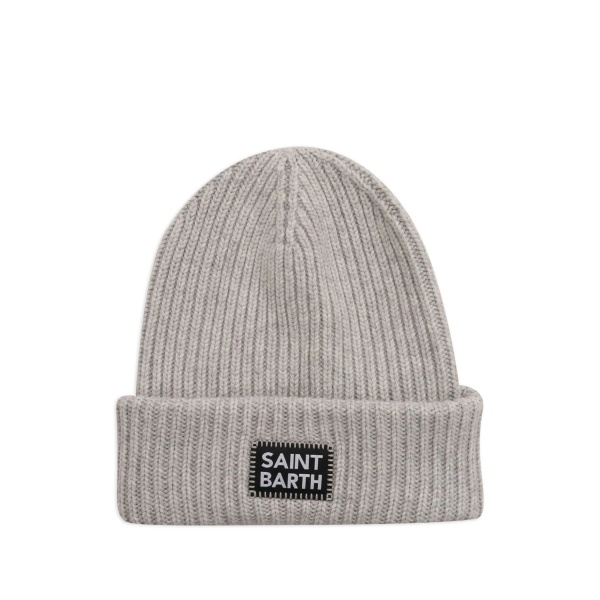 Berry ribbed logo-patch beanie