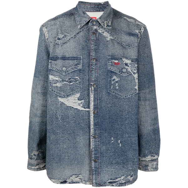distressed long-sleeve denim shirt