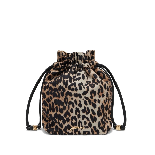 drawstring animal print bucket bag