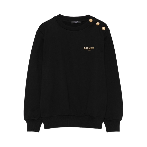 gold-button crew-neck sweatshirt