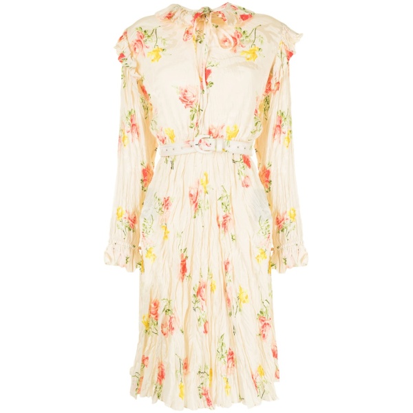 off-shoulder crinkle-effect floral-jacquard dress