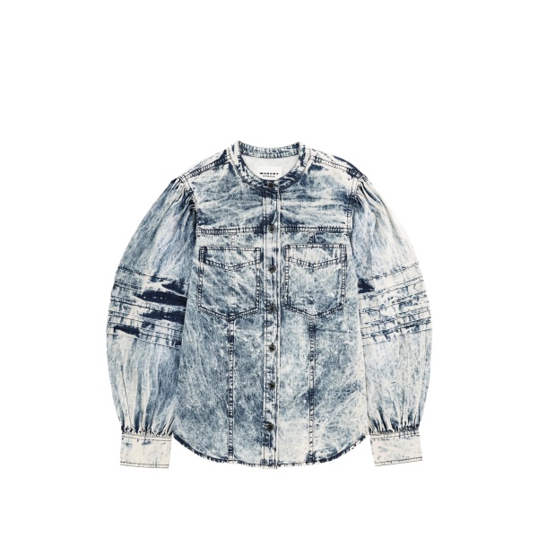 puff-sleeved denim shirt