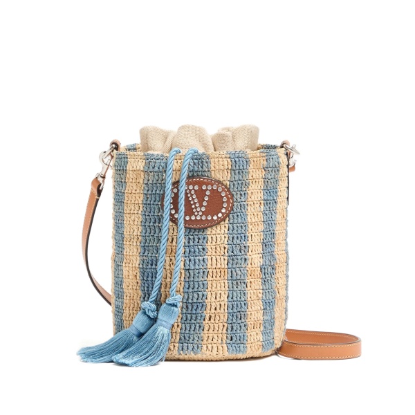 striped raffia bucket bag