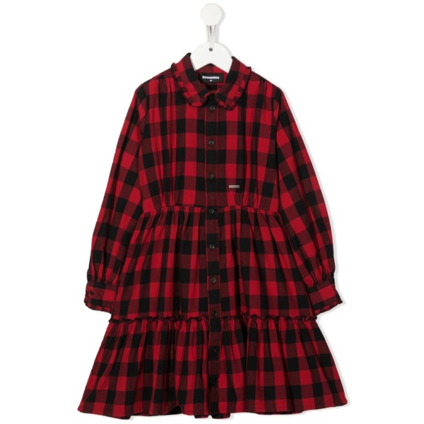 check-pattern long-sleeve dress