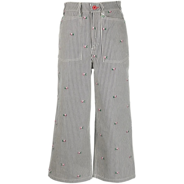 floral embroidered striped cropped jeans