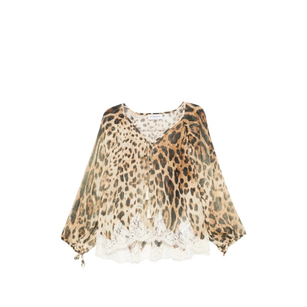 Georgette leopard-pattern lace-trim blouse