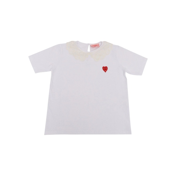 lace-collar heart-applique T-shirt