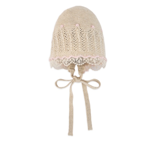 lace-trimmed knitted bonnet