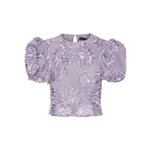 puff-sleeve floral-embellished top