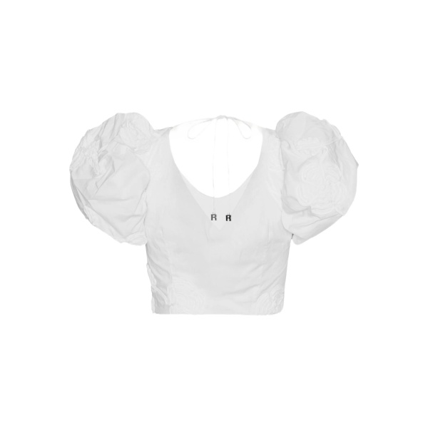 puff-sleeve floral-embroidered top