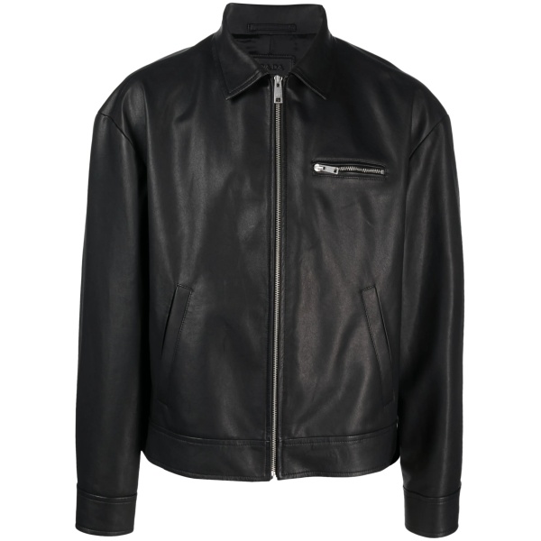triangle-logo leather bomber jacket