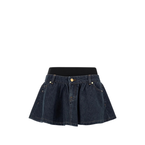 banded contrast-stitching mini denim skirt