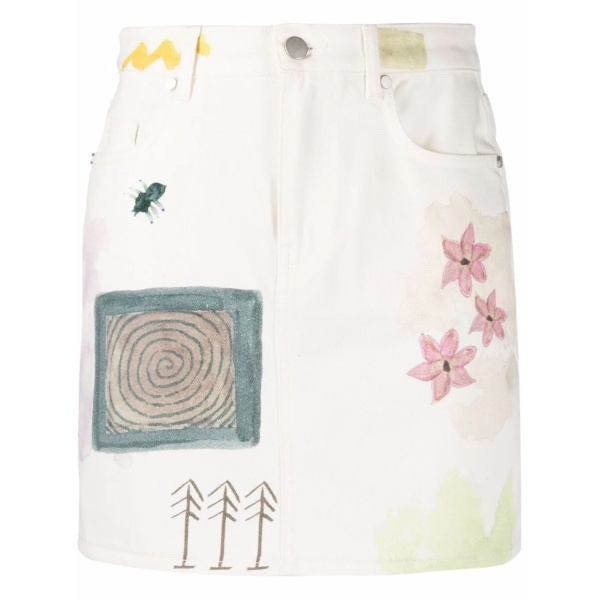 floral-print denim mini skirt