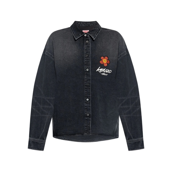 flower-embroidered denim shirt