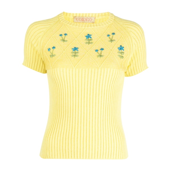 flower-embroidered knitted T-shirt