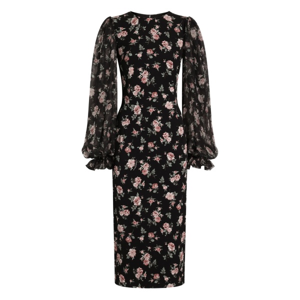 puff-sleeve floral midi dress