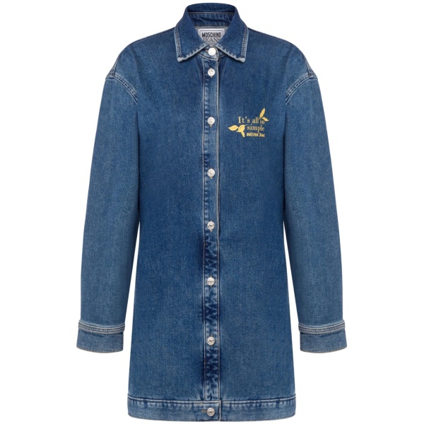 slogan-embroidered denim shirtdress