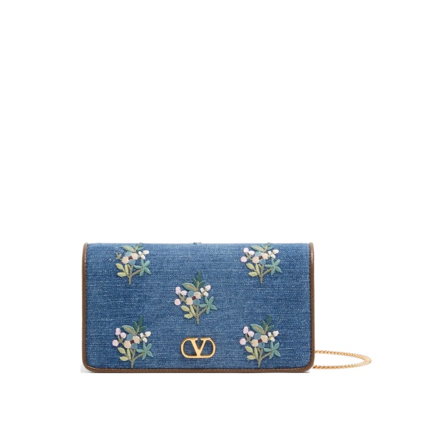 Vlogo Signature mini shoulder bag in denim with floral embroidery