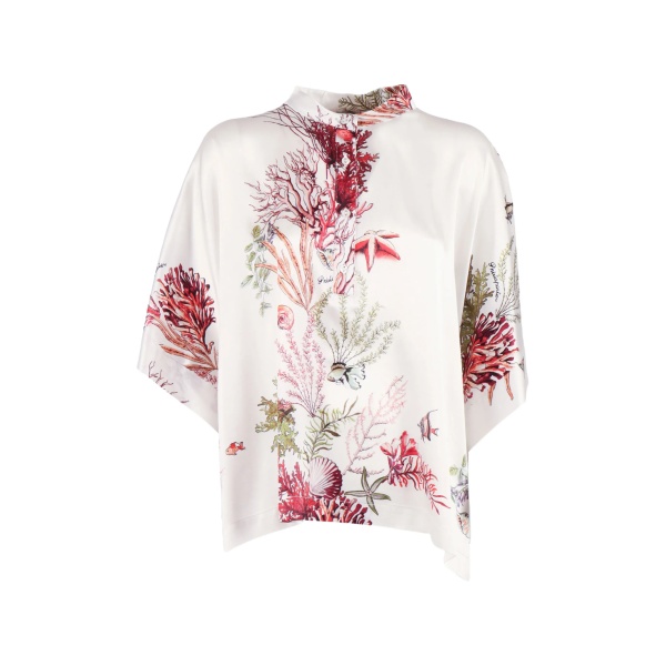coral-print silk blouse