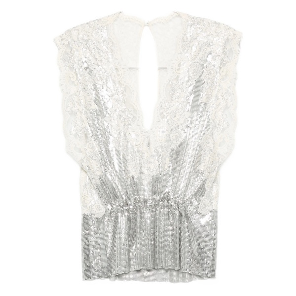 lace-insert mesh gathered-waist top