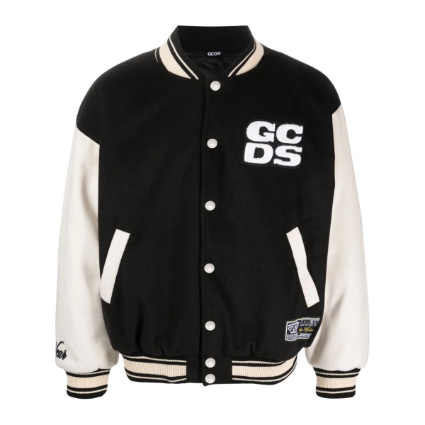 two-tone logo-patch bomber jacket