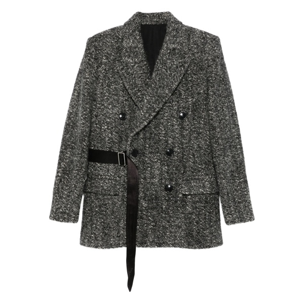 buckle-detail buttoned tweed jacket