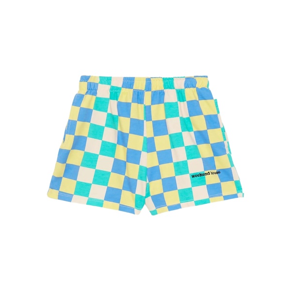 chess-pattern shorts