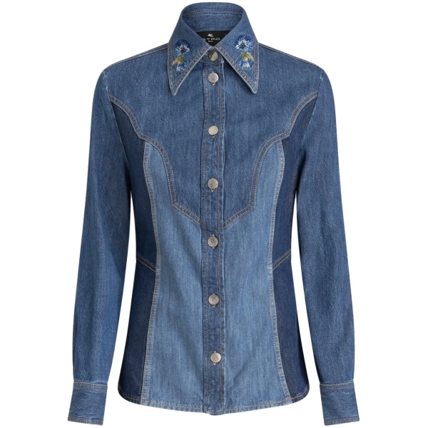 floral-embroidered denim shirt