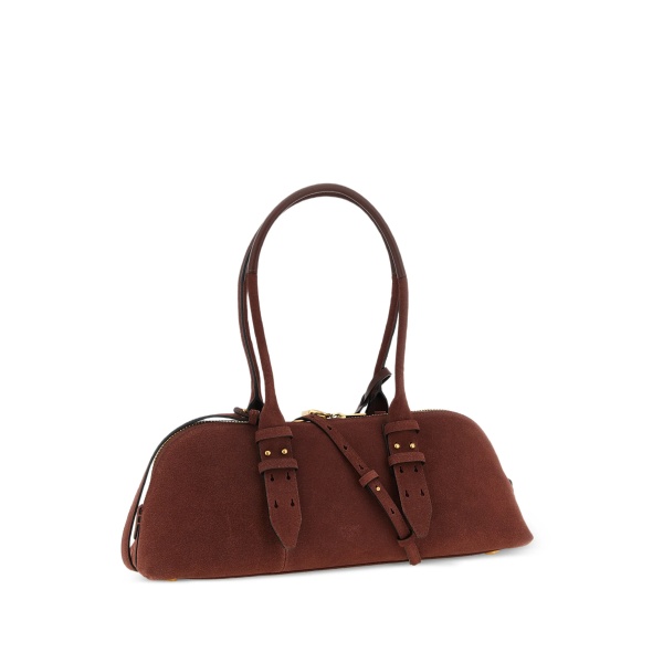 metal logo suede shoulder bag