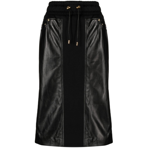 panelled leather and cotton-blend jersey midi skirt
