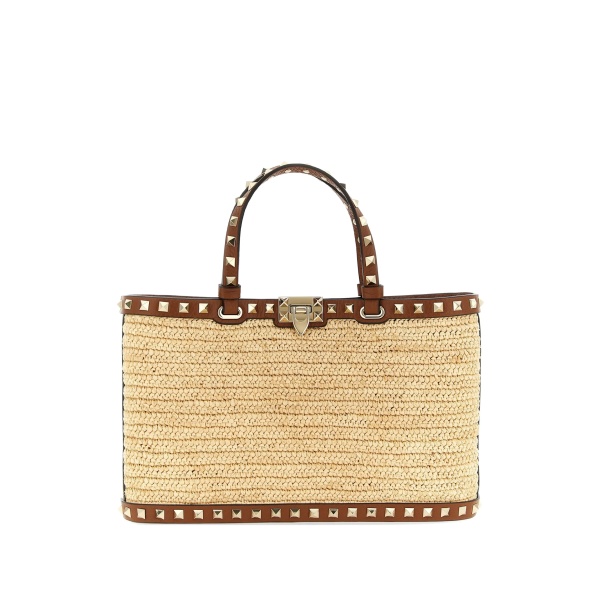 Rockstud woven raffia tote bag